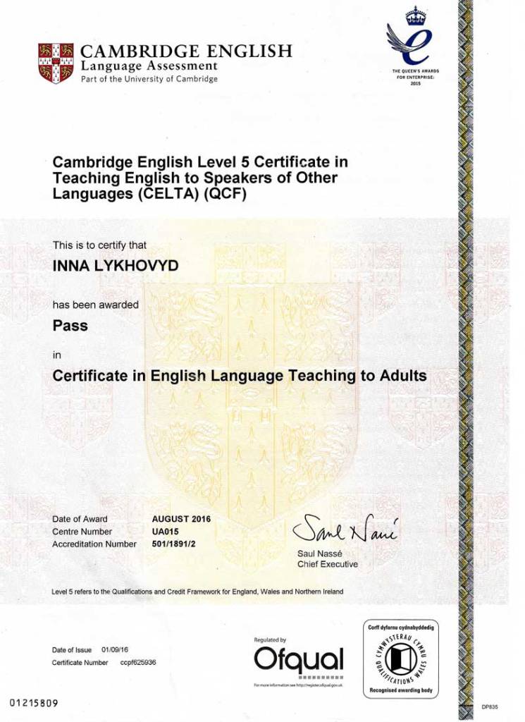 CELTA certificate 2016
Odessa, Ukraine